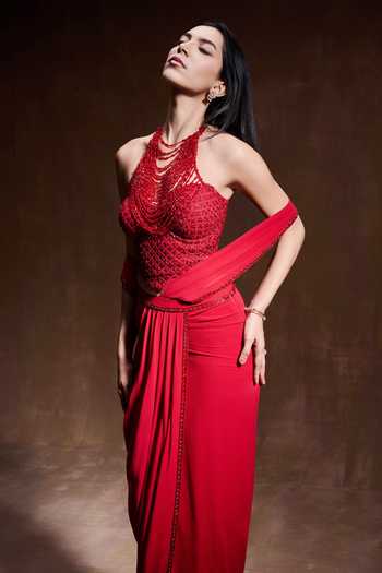 Buy_House of Arshiyaa_Red Georgette, Net Embroidery, Beads Halter Neck Corset And Pre-draped Set _Online_at_Aza_Fashions