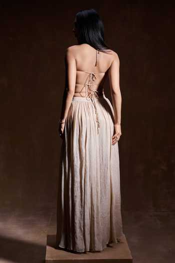 Shop_House of Arshiyaa_Gold Net, Tissue Sweetheart , Halter Champagne Embroidered Sharara Set _at_Aza_Fashions