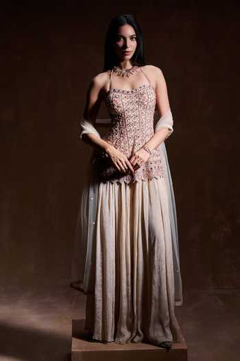Buy_House of Arshiyaa_Gold Net, Tissue Sweetheart , Halter Champagne Embroidered Sharara Set _at_Aza_Fashions