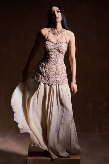 House of Arshiyaa_Gold Net, Tissue Sweetheart , Halter Champagne Embroidered Sharara Set _Online_at_Aza_Fashions