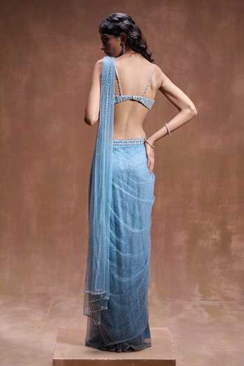 Shop_House of Arshiyaa_Blue Net Scoop Neck Crystal Work Draped Saree Set _at_Aza_Fashions
