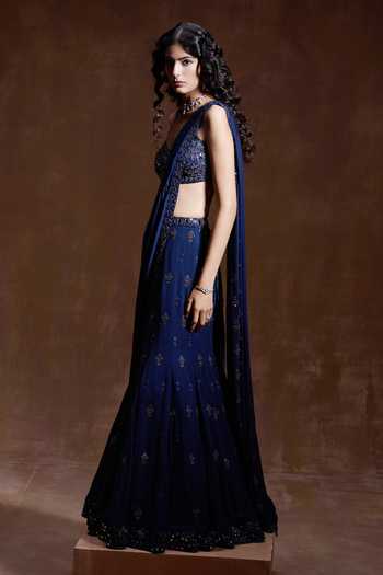 House of Arshiyaa_Blue Georgette, Net Hand Embroidered Fish Cut Lehenga Saree With Blouse _Online_at_Aza_Fashions