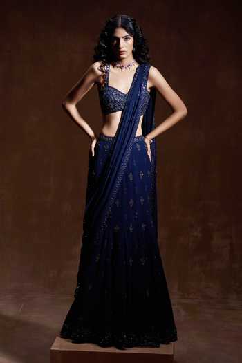 Buy_House of Arshiyaa_Blue Georgette, Net Hand Embroidered Fish Cut Lehenga Saree With Blouse _at_Aza_Fashions