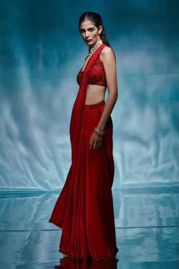 House of Arshiyaa_Red Crepe, Net Halter Neck Pre-draped Saree Set _Online_at_Aza_Fashions
