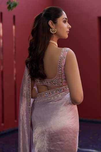Shop_House of Arshiyaa_Purple Tissue V-neck Lilac Pure Saree Set _at_Aza_Fashions