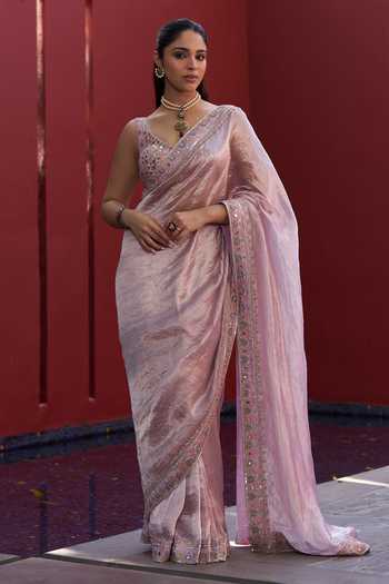 Buy_House of Arshiyaa_Purple Tissue V-neck Lilac Pure Saree Set _at_Aza_Fashions