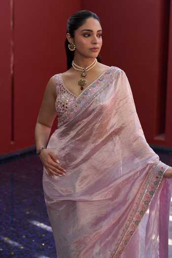 House of Arshiyaa_Purple Tissue V-neck Lilac Pure Saree Set _Online_at_Aza_Fashions
