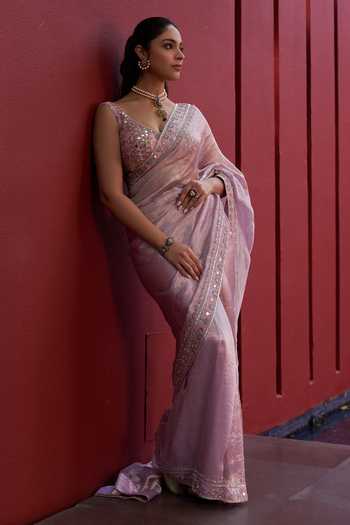 Buy_House of Arshiyaa_Purple Tissue V-neck Lilac Pure Saree Set _Online_at_Aza_Fashions
