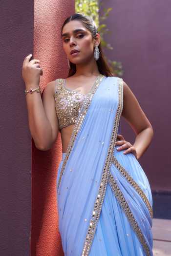 Buy_House of Arshiyaa_Blue Georgette Sweetheart Neck Mirror Embroidered Draped Saree Set _Online_at_Aza_Fashions