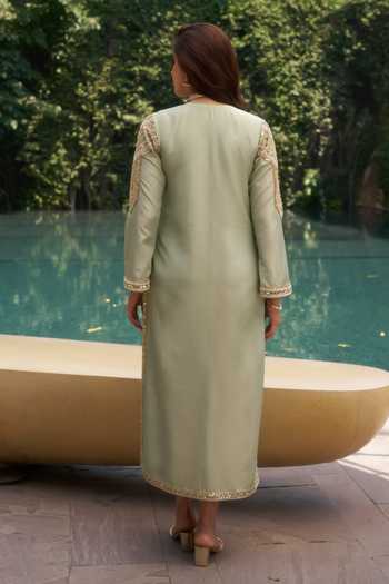 Shop_House of Arshiyaa_Green Silk V-neck Mint Tissue Kaftan _at_Aza_Fashions