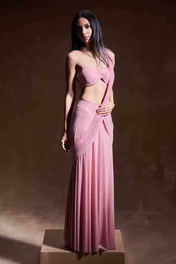 House of Arshiyaa_Pink Net, Lycra Bandeau Neck Crystal Work Pre-draped Saree Set _Online_at_Aza_Fashions