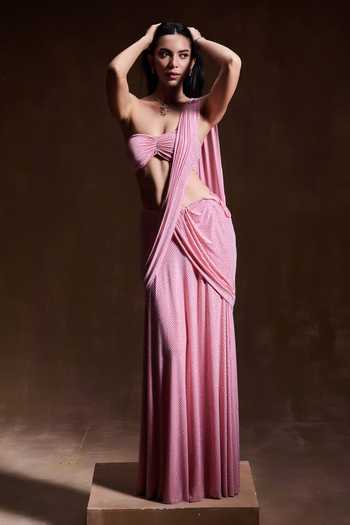 Buy_House of Arshiyaa_Pink Net, Lycra Bandeau Neck Crystal Work Pre-draped Saree Set _at_Aza_Fashions