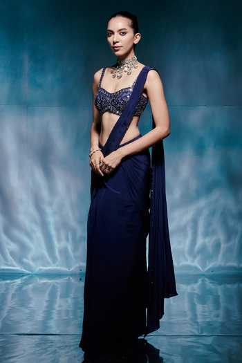 Buy_House of Arshiyaa_Blue Crepe, Net Sweetheart Neck Pre Draped Saree With Embroidered Blouse _at_Aza_Fashions