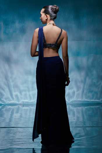 Shop_House of Arshiyaa_Blue Crepe, Net Sweetheart Neck Pre Draped Saree With Embroidered Blouse _at_Aza_Fashions