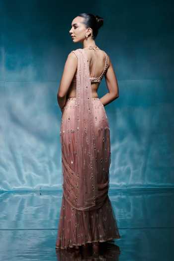 Shop_House of Arshiyaa_Peach Net Sweetheart Neck Embellished Pre-draped Saree Set _at_Aza_Fashions