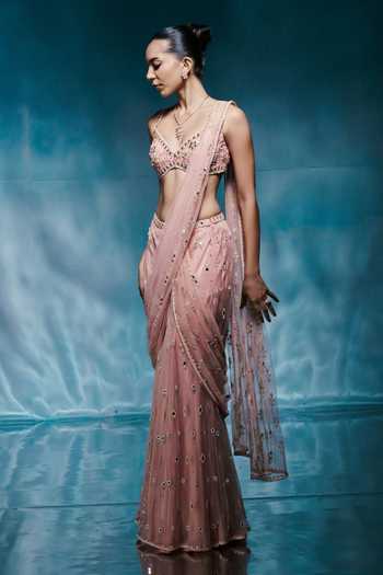 House of Arshiyaa_Peach Net Sweetheart Neck Embellished Pre-draped Saree Set _Online_at_Aza_Fashions