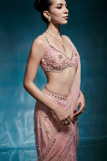 Buy_House of Arshiyaa_Peach Net Sweetheart Neck Embellished Pre-draped Saree Set _Online_at_Aza_Fashions