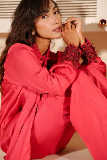 Buy_Midushi Bajoria_Red Satin Collared Neck Bow Shirt And Pant Set _Online_at_Aza_Fashions