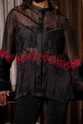 Midushi Bajoria_Black Organza, Satin Mandarin Collar 3d Floral Embellishment Shirt _Online_at_Aza_Fashions