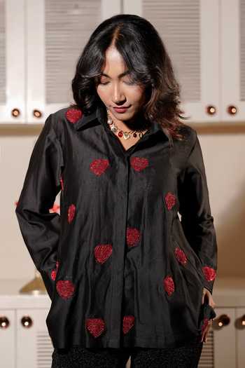 Buy_Midushi Bajoria_Black Silk, Chanderi Collared Neck Zardozi Heart Embroidered Shirt _at_Aza_Fashions