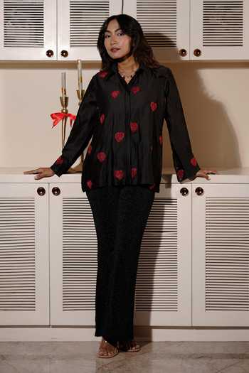 Midushi Bajoria_Black Silk, Chanderi Collared Neck Zardozi Heart Embroidered Shirt _Online_at_Aza_Fashions