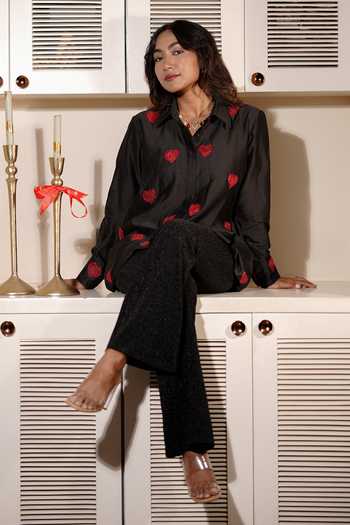 Shop_Midushi Bajoria_Black Silk, Chanderi Collared Neck Zardozi Heart Embroidered Shirt _at_Aza_Fashions