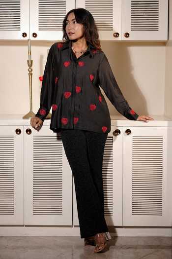 Buy_Midushi Bajoria_Black Silk, Chanderi Collared Neck Zardozi Heart Embroidered Shirt _Online_at_Aza_Fashions