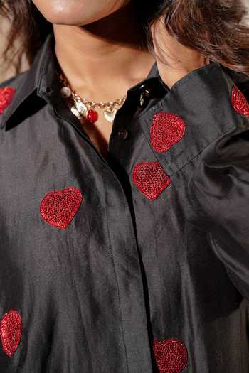 Midushi Bajoria_Black Silk, Chanderi Collared Neck Zardozi Heart Embroidered Shirt _at_Aza_Fashions