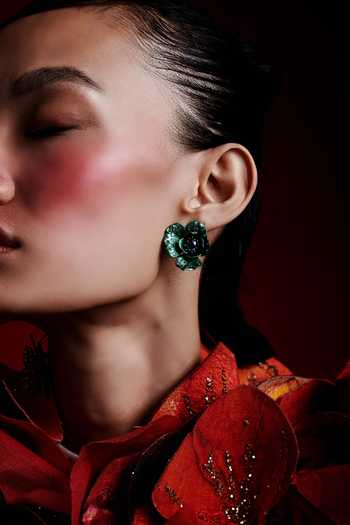 Buy_Miss Jo_Green Poppy Petal Stud Earrings _at_Aza_Fashions