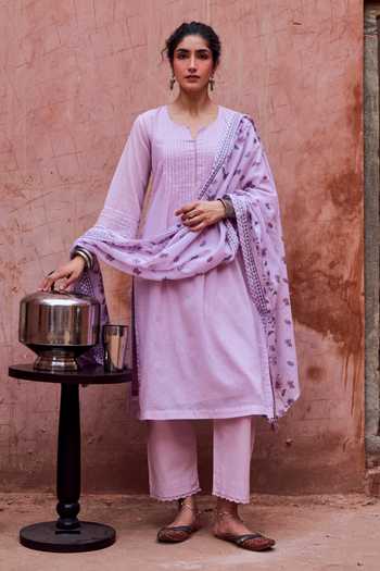 Buy_Karaj Jaipur_Purple Kota Doria, Cotton Split V-neck, Yes Doriya Kurta Set _at_Aza_Fashions
