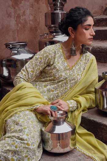 Shop_Karaj Jaipur_Green Cotton, Kota Doria, Muslin (mulmul) V-neck Lime Anarkali Set _Online_at_Aza_Fashions