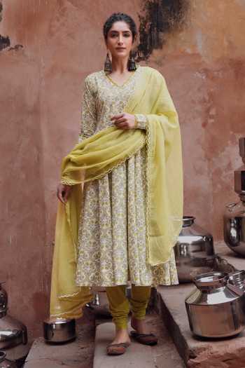 Buy_Karaj Jaipur_Green Cotton, Kota Doria, Muslin (mulmul) V-neck Lime Anarkali Set _at_Aza_Fashions