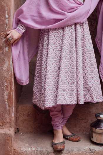 Karaj Jaipur_Purple Kota Doria, Cotton, Muslin (mulmul) V-neck Printed Anarkali Set _Online_at_Aza_Fashions