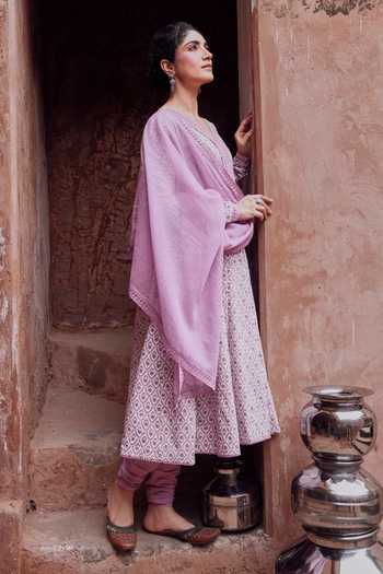 Shop_Karaj Jaipur_Purple Kota Doria, Cotton, Muslin (mulmul) V-neck Printed Anarkali Set _at_Aza_Fashions