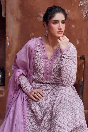 Shop_Karaj Jaipur_Purple Kota Doria, Cotton, Muslin (mulmul) V-neck Printed Anarkali Set _Online_at_Aza_Fashions