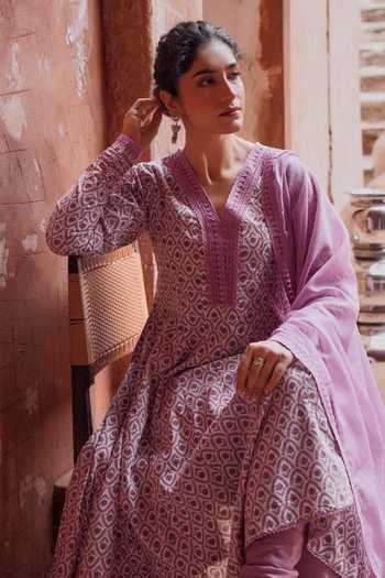 Shop_Karaj Jaipur_Purple Kota Doria, Cotton, Muslin (mulmul) V-neck Printed Anarkali Set 