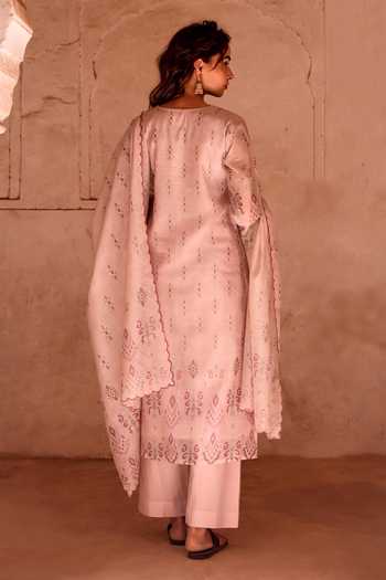 Shop_Karaj Jaipur_Pink Chanderi, Cotton Scoop Neck Embroidered Kurta Set _at_Aza_Fashions
