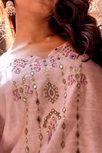 Buy_Karaj Jaipur_Pink Chanderi, Cotton Scoop Neck Embroidered Kurta Set _Online_at_Aza_Fashions