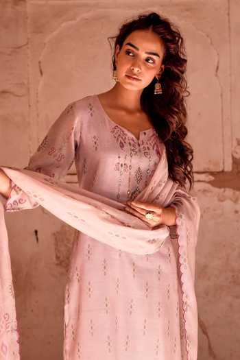 Shop_Karaj Jaipur_Pink Chanderi, Cotton Scoop Neck Embroidered Kurta Set _Online_at_Aza_Fashions