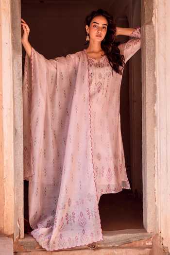 Buy_Karaj Jaipur_Pink Chanderi, Cotton Scoop Neck Embroidered Kurta Set 