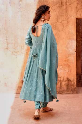 Shop_Karaj Jaipur_Blue Cotton, Muslin (mulmul), Kota Doria Scoop Neck Embellished Anarkali Set _at_Aza_Fashions