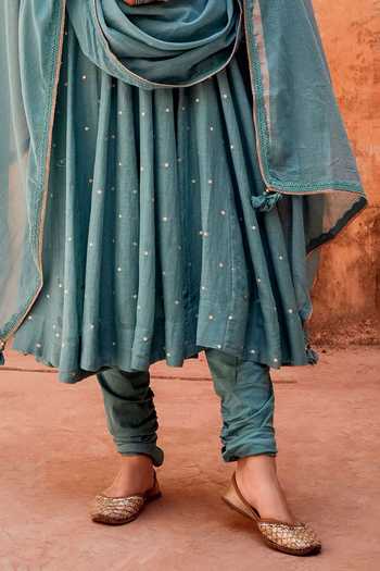 Karaj Jaipur_Blue Cotton, Muslin (mulmul), Kota Doria Scoop Neck Embellished Anarkali Set _Online_at_Aza_Fashions