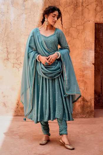 Buy_Karaj Jaipur_Blue Cotton, Muslin (mulmul), Kota Doria Scoop Neck Embellished Anarkali Set _at_Aza_Fashions