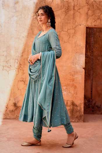 Buy_Karaj Jaipur_Blue Cotton, Muslin (mulmul), Kota Doria Scoop Neck Embellished Anarkali Set _Online_at_Aza_Fashions