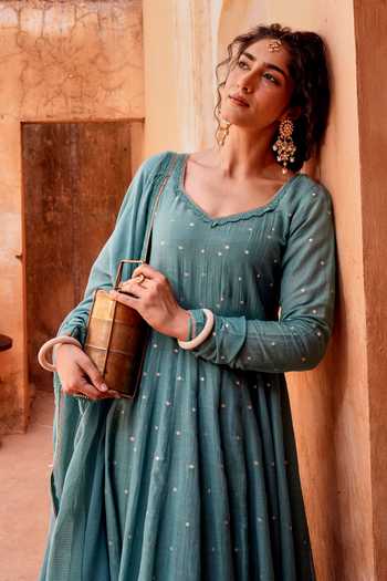 Shop_Karaj Jaipur_Blue Cotton, Muslin (mulmul), Kota Doria Scoop Neck Embellished Anarkali Set _Online_at_Aza_Fashions
