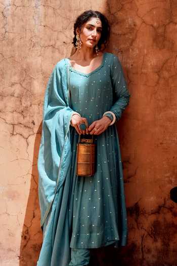 Buy_Karaj Jaipur_Blue Cotton, Muslin (mulmul), Kota Doria Scoop Neck Embellished Anarkali Set 