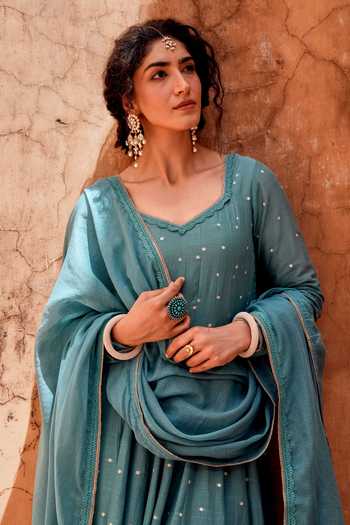 Shop_Karaj Jaipur_Blue Cotton, Muslin (mulmul), Kota Doria Scoop Neck Embellished Anarkali Set 