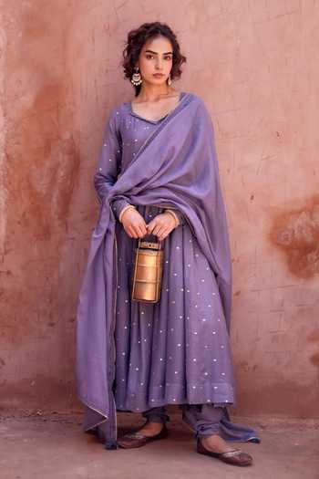 Buy_Karaj Jaipur_Purple Kota Doria, Cotton, Muslin Scoop Neck Violet Mulmul Anarkali Set _at_Aza_Fashions
