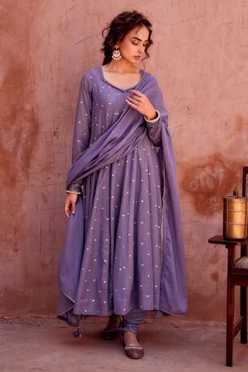 Karaj Jaipur_Purple Kota Doria, Cotton, Muslin Scoop Neck Violet Mulmul Anarkali Set _at_Aza_Fashions