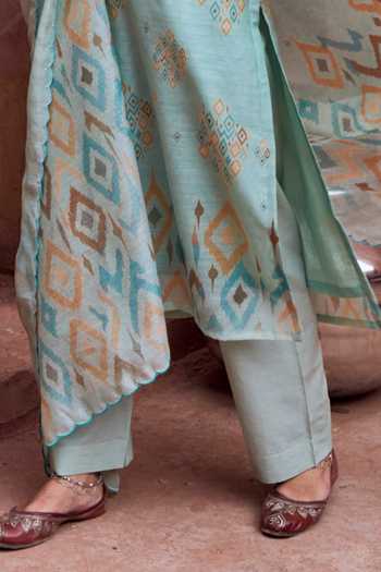 Shop_Karaj Jaipur_Blue Chanderi, Cotton V-neck Aqua Embroidered Kurta Set _Online_at_Aza_Fashions